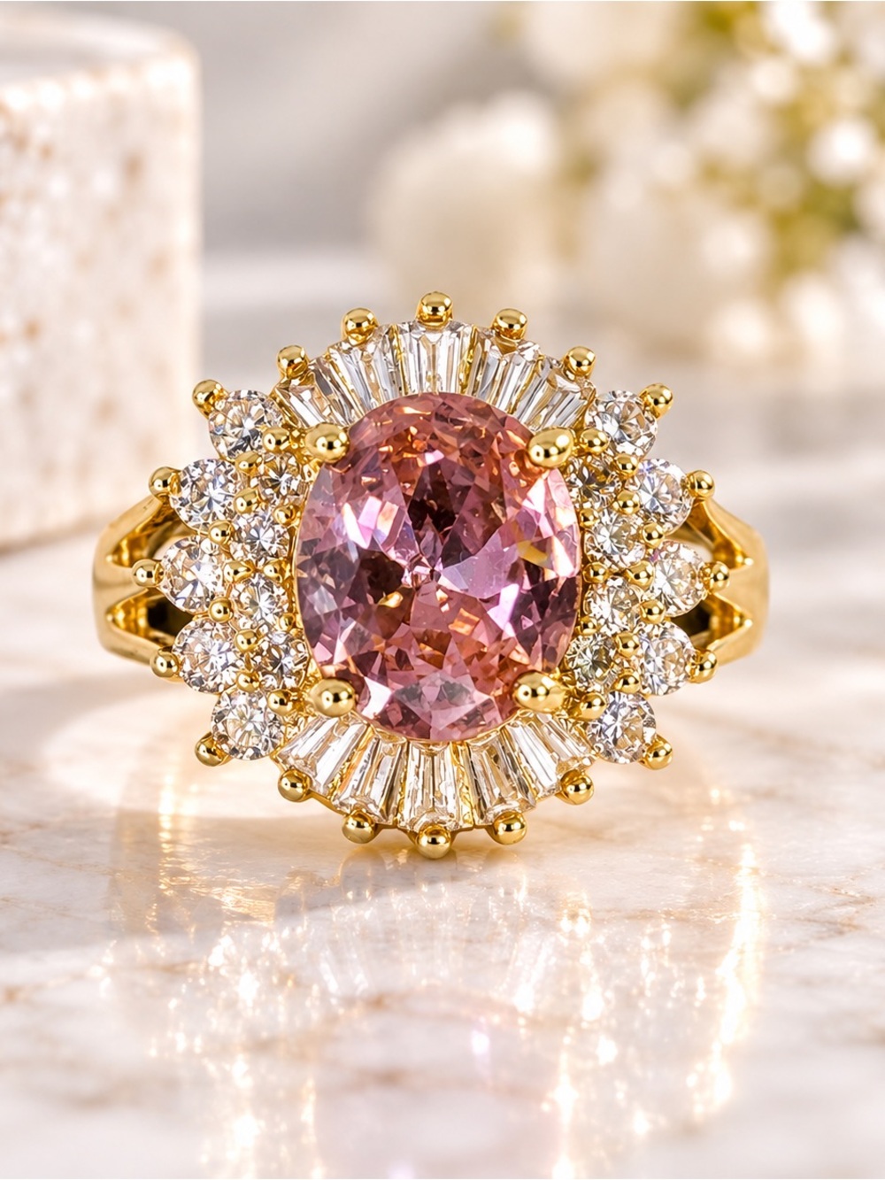 Pink Oval CZ Ballerina Cocktail Ring Gold Plated Adjustable New